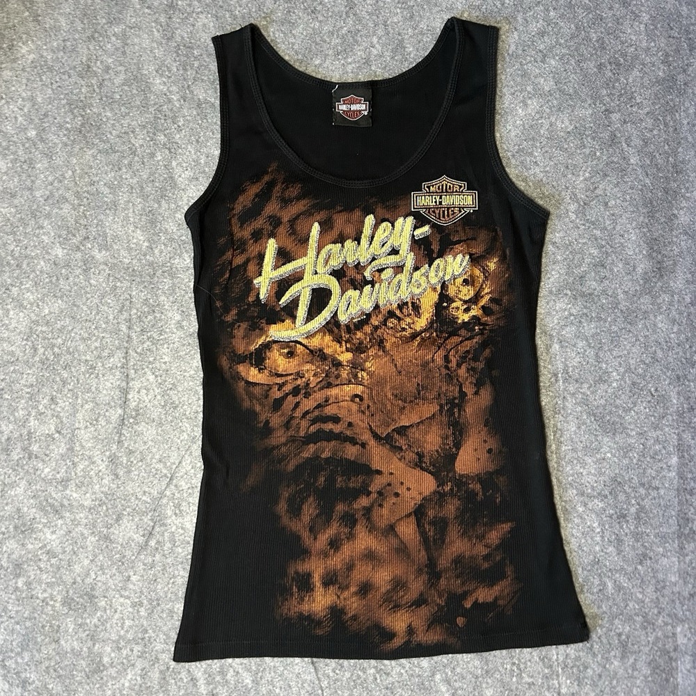 Harley Davidson Women's Small Tiger Ribbed Black Tank Top Quebec Canada - Picture 1 of 9